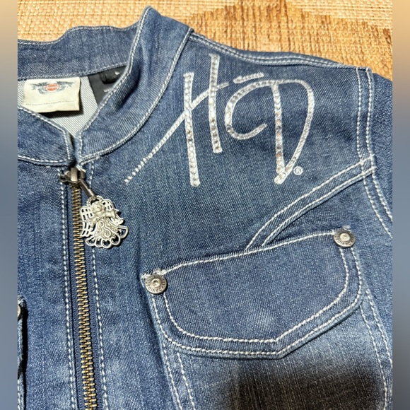 HARLEY DAVIDSON bomber denim rhinestone jacket, bling detail! Size large 10/12 - Picture 3 of 6